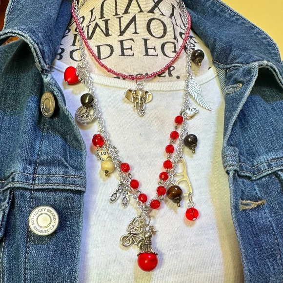 Layered red turquoise big elephant beaded silver statement multi charms necklace - Picture 1 of 6